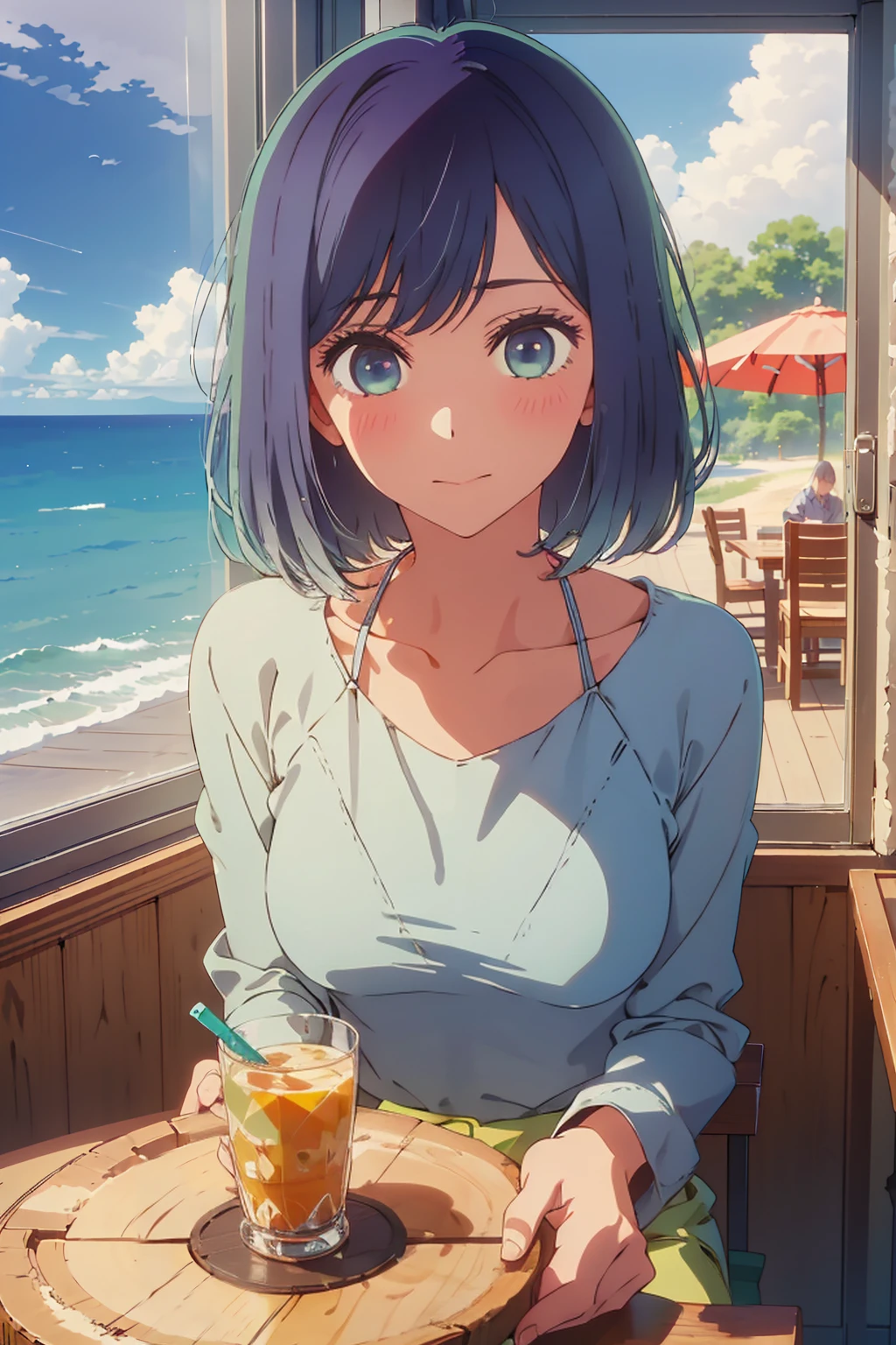 (Highest quality:1.4、masterpiece:1.4、Super detailed:1.4、8k:1.4)、((((1 person、Surprised expression、sit、Indoor cafe terrace、coastal、juice、table、Sandy Beach、juiceのグラスを持つ、Micro Bikini、Very soft 、Big eyes、Very cute face))))、(with a thunderstorm:1.4)、F cup bust、Medium breast、Underboob