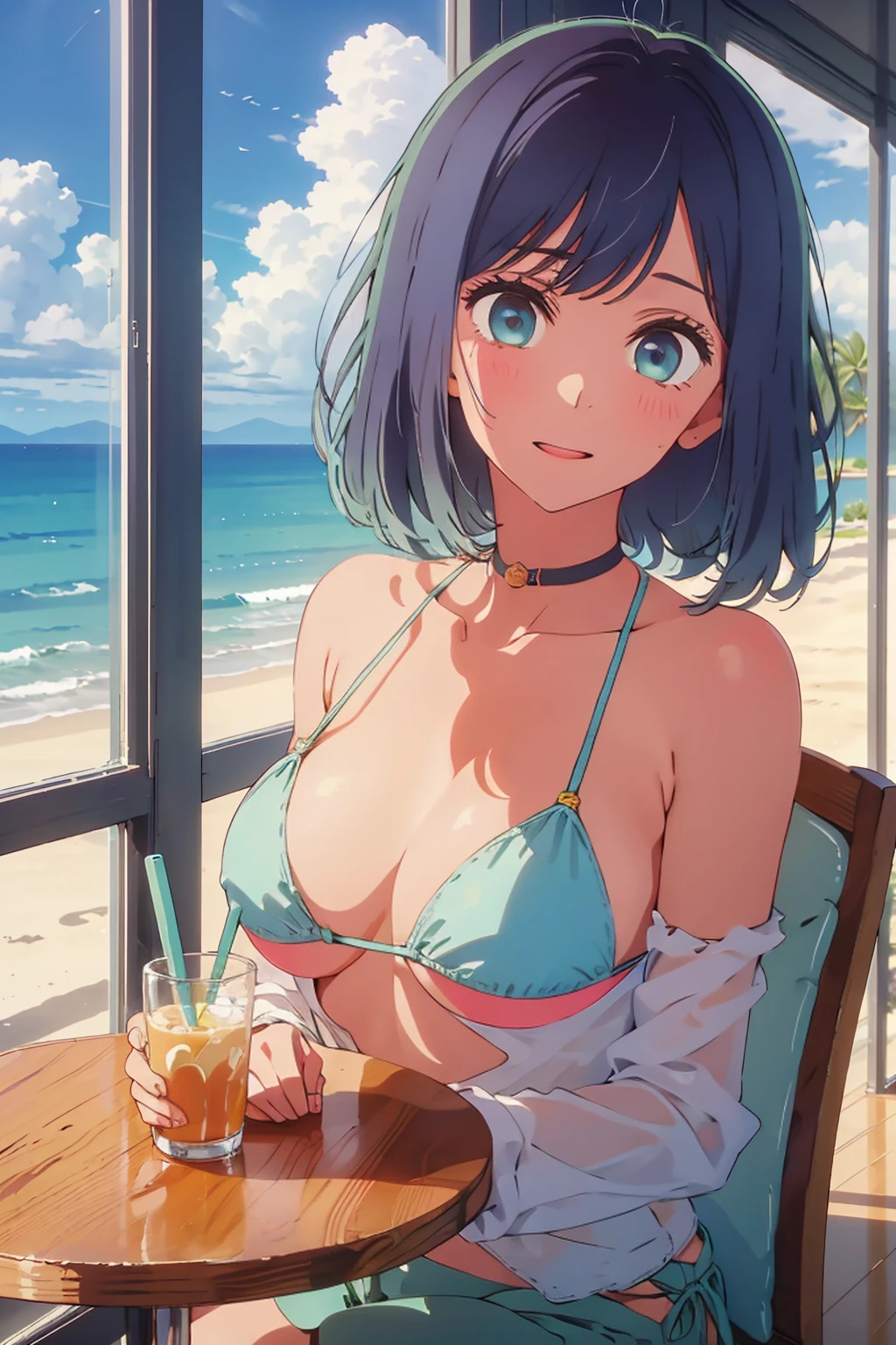 (Highest quality:1.4、masterpiece:1.4、Super detailed:1.4、8k:1.4)、((((1 person、Surprised expression、sit、Indoor cafe terrace、coastal、juice、table、Sandy Beach、juiceのグラスを持つ、Micro Bikini、Very soft 、Big eyes、Very cute face))))、(with a thunderstorm:1.4)、F cup bust、Medium breast、Underboob