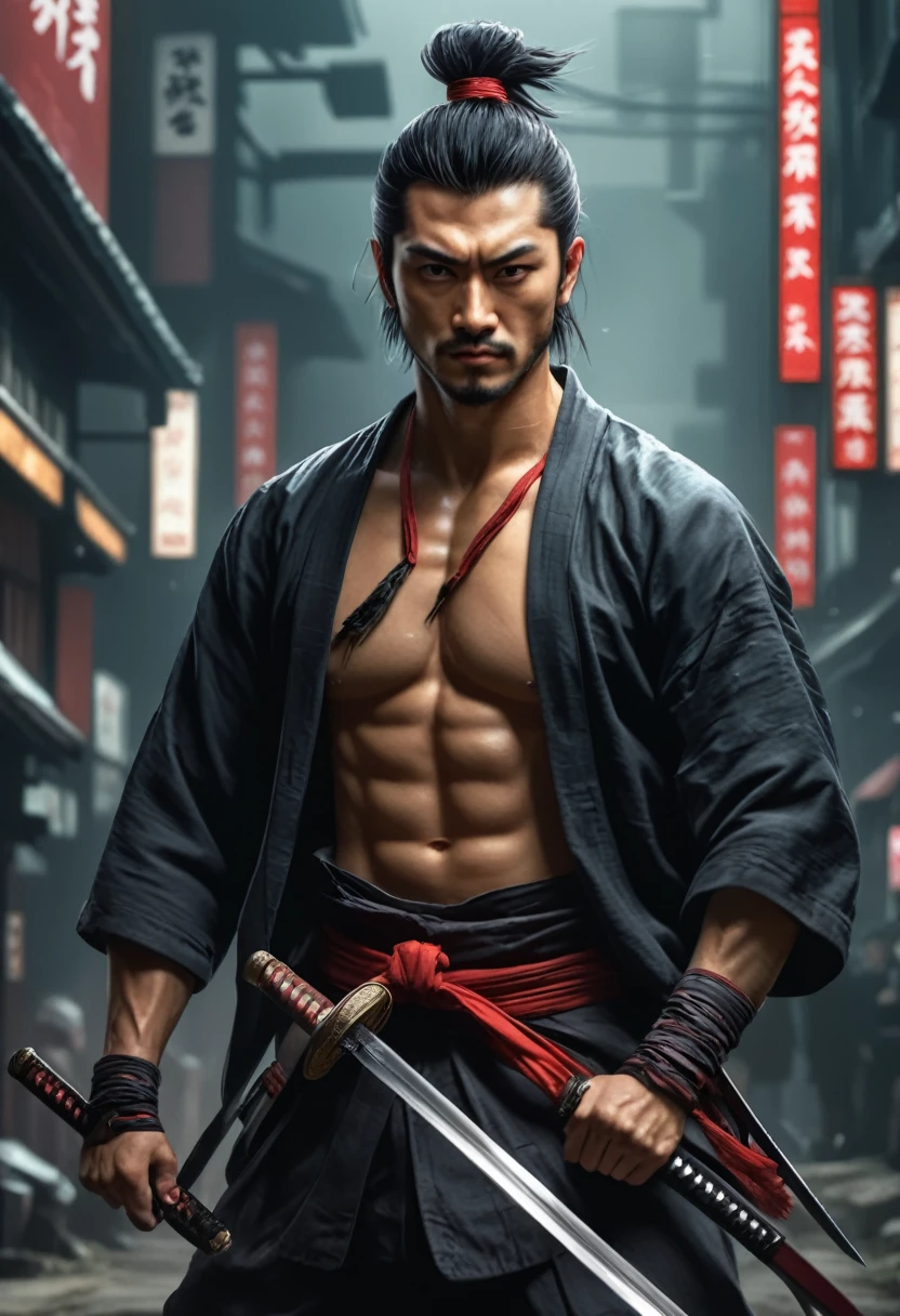 He wears a black suit, white shirt and red tie best quality,Ultra-fine, Samurai male, (pulling Japanese sword from sheath on waist), fighting,Dodge,avoid,lifelike,, katana illustration, (pulling Japanese sword from sheath on waist), muscular or broad chest BREAK (holding (katana sword:1.2)), (blade shimmering), (holding sword sheath) BREAK (cyberpunk style) hyperrealism, very detailed skin, 4k, inkpunk style, black and red, great lighting.