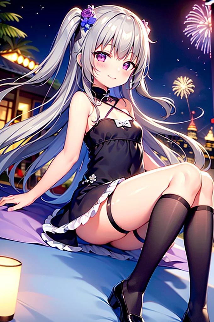 Himari Meimei, masterpiece, Voluptuous thighs, petit body, little young girl, flat chest, {1 Girl}, Cute and erotic smile, Highly detailed sparkling purple eyes, summer night, fireworks,  困り眉, open legs, legs up, brilliant silver grey hair, lying on beach bed, 