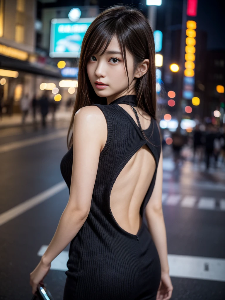 masterpiece、1 beautiful girl、Detailed eyes、Puffy eyes、Highest quality, 超High resolution, (Reality: 1.4), Cinema Lighting、Asian Beauty、Japanese、Super Beauty、Beautiful Skin、Slender、Body facing forward、(Surreal)、(High resolution)、(8k)、(Very detailed)、(Beautiful and detailed eyes)、(Ultra-detailed)、 (wall-)、Detailed face、Bright lighting、Professional Lighting、View your viewers、Look straight ahead、black knitwear、Diagonal bangs、Night Scenery、Brown Hair、Age 19、expensive,