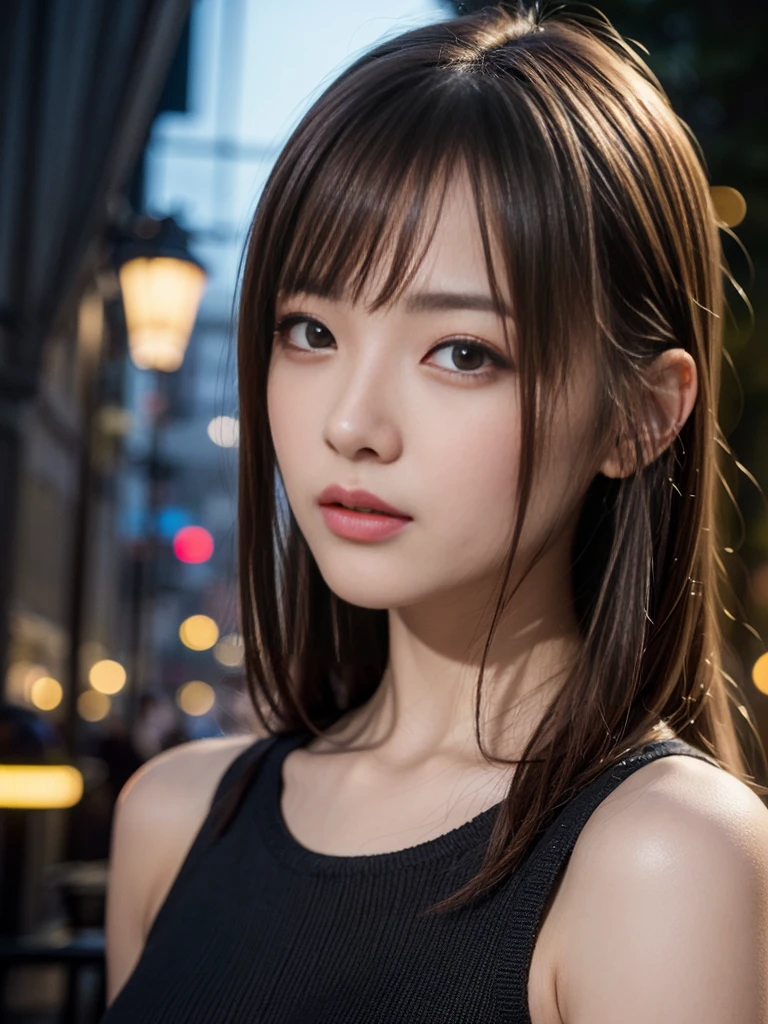 masterpiece、1 beautiful girl、Detailed eyes、Puffy eyes、Highest quality, 超High resolution, (Reality: 1.4), Cinema Lighting、Asian Beauty、Japanese、Super Beauty、Beautiful Skin、Slender、Body facing forward、(Surreal)、(High resolution)、(8k)、(Very detailed)、(Beautiful and detailed eyes)、(Ultra-detailed)、 (wall-)、Detailed face、Bright lighting、Professional Lighting、View your viewers、Look straight ahead、black knitwear、Diagonal bangs、Night Scenery、Brown Hair、Age 19、expensive,