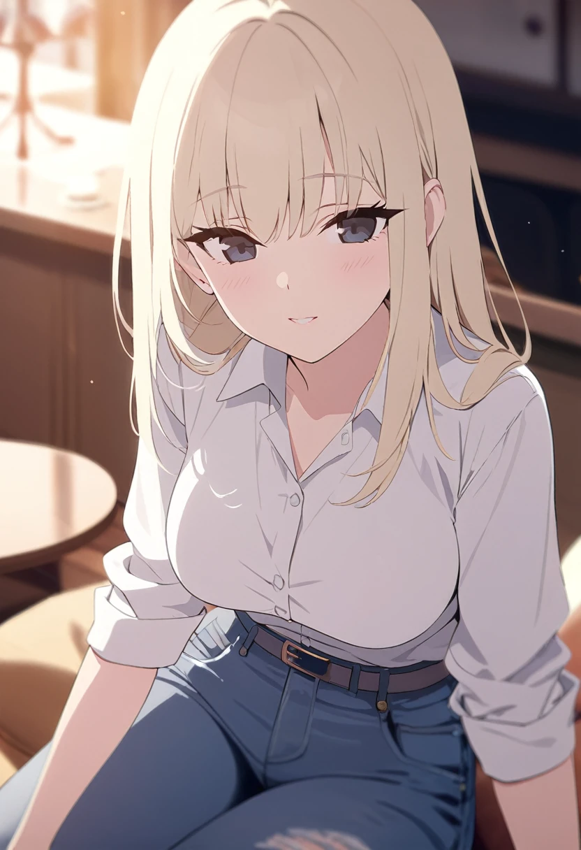 masterpiece,best quality,depth of field,8k,pale yellow hair,black eye,wseifuku,white shirt,chic,(cute eyes 1:1),jeans,female