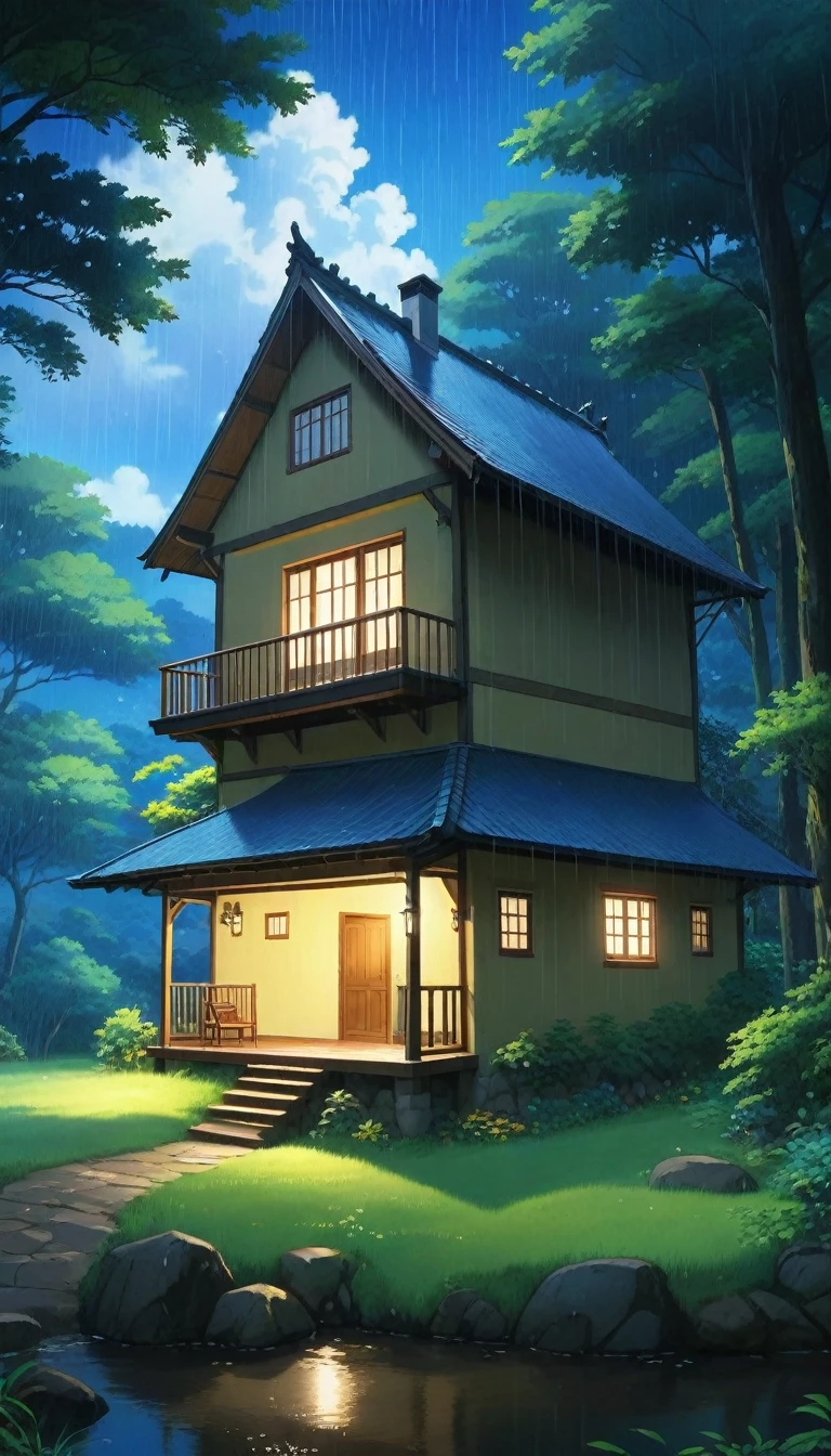 summer night、rain、House in the Forest、Near Movies、Rich in nature、((Ghibli anime)), Fantasy, wonderful,
