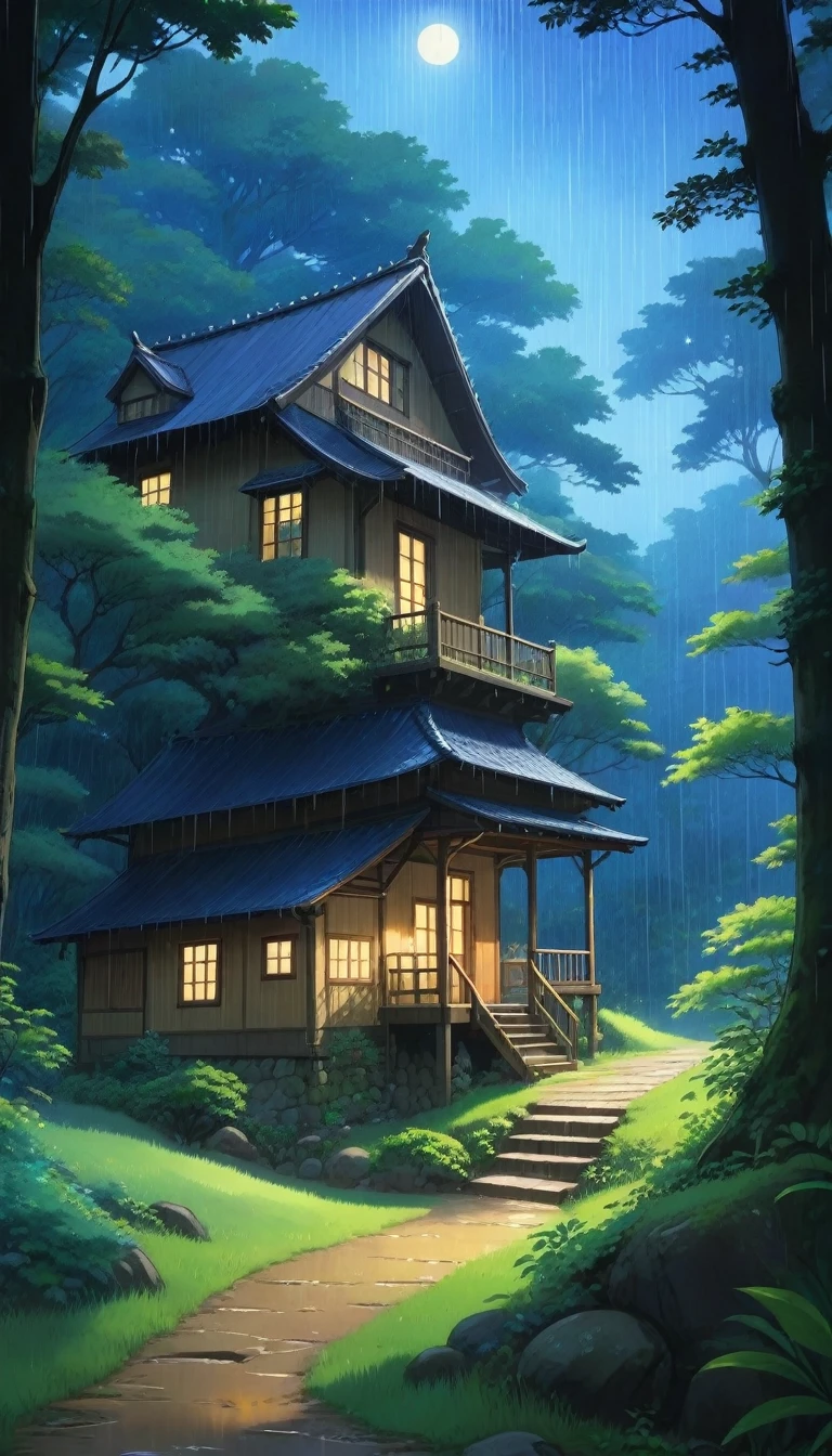 summer night、rain、House in the Forest、Near Movies、Rich in nature、((Ghibli anime)）, Fantasy, wonderful,