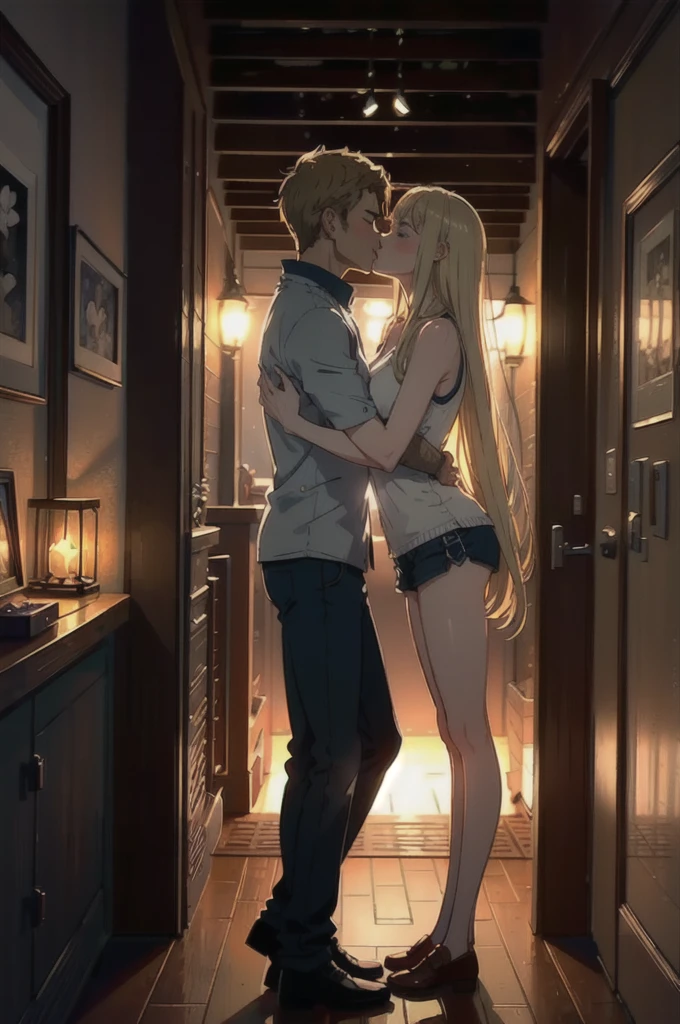 ((best quality)), ((masterpiece)), (detailed), one girl with long blond hair kiss one muscle blond guy, view from side on scene, passionate kiss, cozy atmosphere, cozy lighting, standing poses