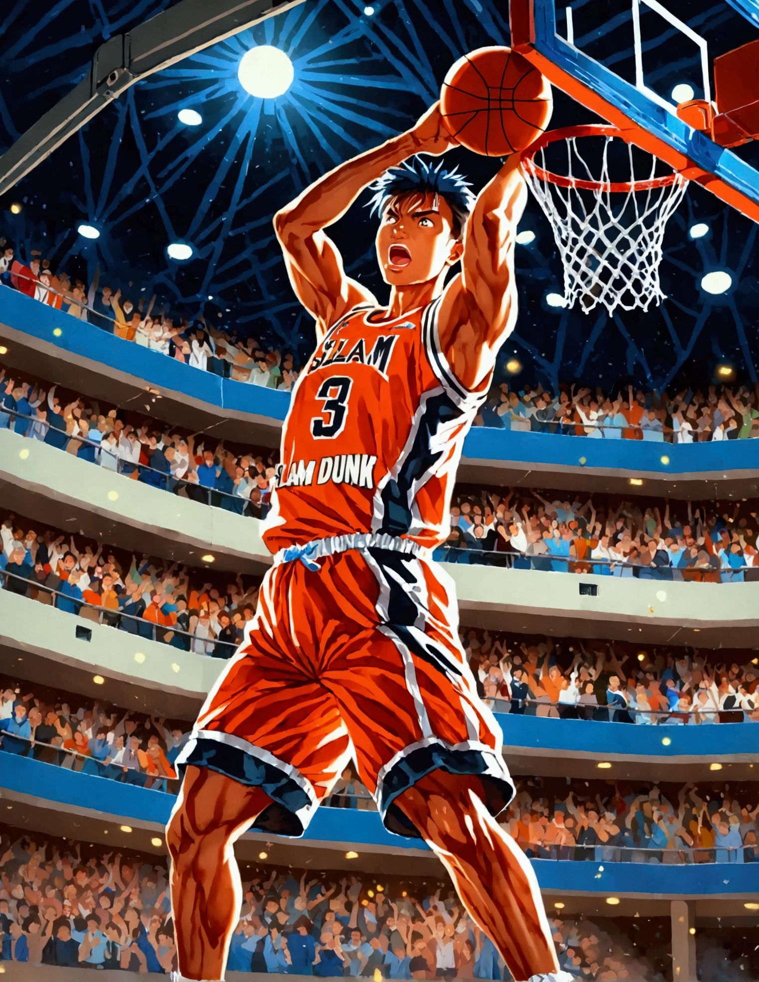 SLAM DUNK, Sakuragi Hanamichi, incredible dunk, big slam dunk moment, extremely detailed action pose, intense expression, focused eyes, sweat flying, basketball court background, crowd cheering, highly dynamic, sharp focus, vivid colors, studio lighting, dramatic lighting, nostalgic color palette, high contrast, physically-based rendering, ultra-fine painting, motion blur, anime style, UHD, masterpiece, accurate, anatomically correct, textured skin, best quality