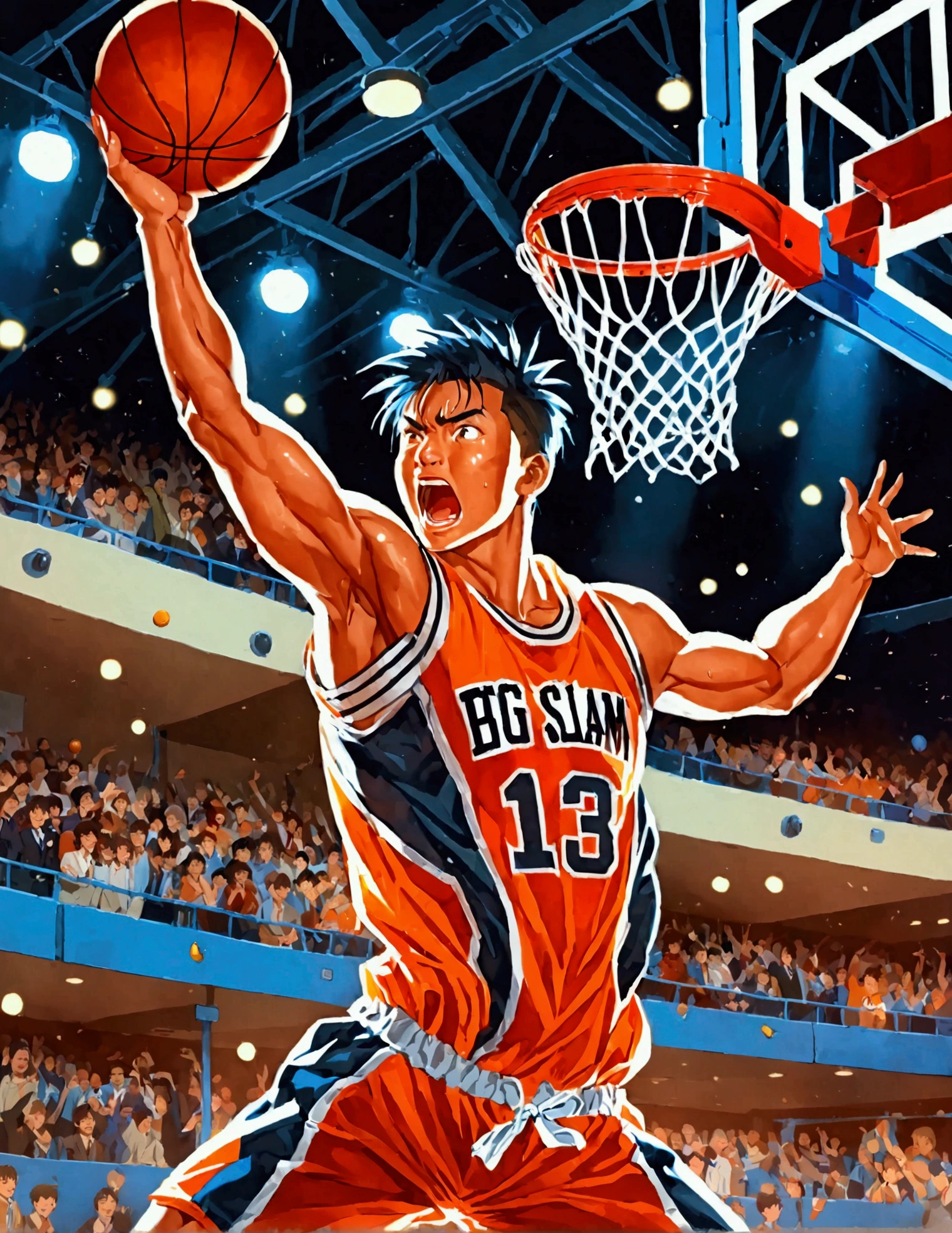 SLAM DUNK, Sakuragi Hanamichi, ((incredible dunk)), (big slam dunk moment:1.5), extremely detailed action pose, intense expression, focused eyes, sweat flying, basketball court background, crowd cheering, highly dynamic, sharp focus, vivid colors, studio lighting, dramatic lighting, nostalgic color palette, high contrast, physically-based rendering, ultra-fine painting, motion blur, anime style, UHD, masterpiece, accurate, anatomically correct, textured skin, best quality