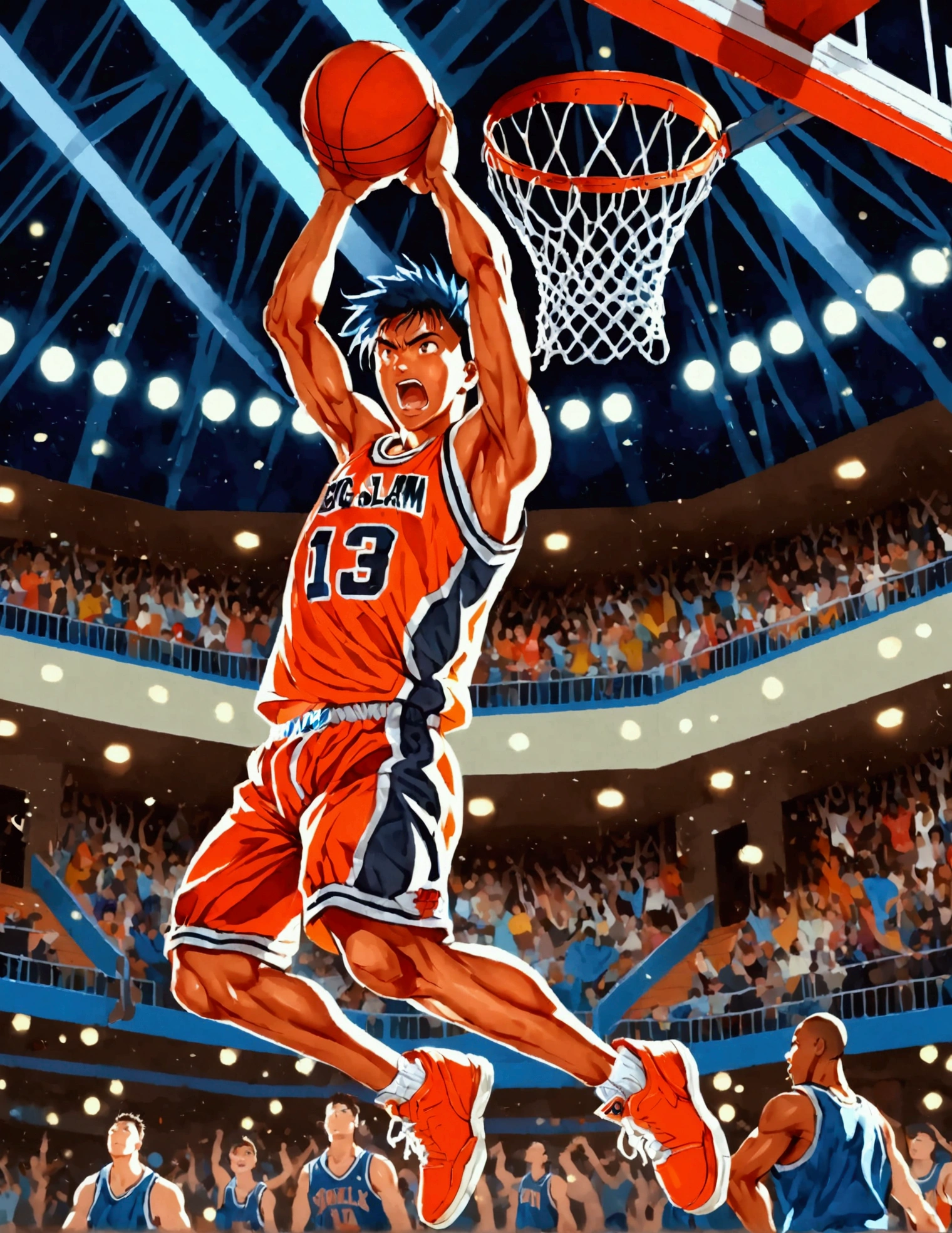 SLAM DUNK, Sakuragi Hanamichi, incredible dunk, big slam dunk moment, extremely detailed action pose, intense expression, focused eyes, sweat flying, basketball court background, crowd cheering, highly dynamic, sharp focus, vivid colors, studio lighting, dramatic lighting, nostalgic color palette, high contrast, physically-based rendering, ultra-fine painting, motion blur, anime style, UHD, masterpiece, accurate, anatomically correct, textured skin, best quality