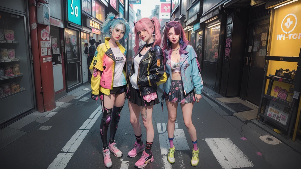 (2 smiling cyberpunk girls posing for photo), solo, waist up, (from above), (((colorful dyed hairstyle, cyberpunk clothing, standing in front of motorcycle, neon cyberpunk city street, (Harajuku tech jacket with logos m:1.2)))), official art, unity 8k wallpaper, ultra detailed, aesthetic, masterpiece, best quality, photorealistic