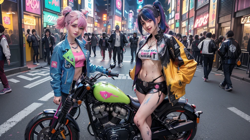 (2 smiling cyberpunk girls posing for photo), solo, waist up, (from above), (((colorful dyed hairstyle, cyberpunk clothing, standing in front of motorcycle, neon cyberpunk city street, (Harajuku tech jacket with logos m:1.2)))), official art, unity 8k wallpaper, ultra detailed, aesthetic, masterpiece, best quality, photorealistic