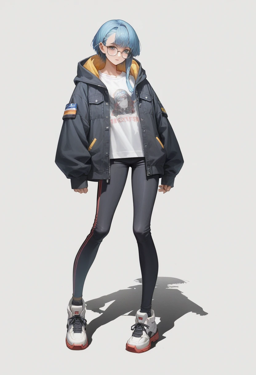 anime girl with blue hair and glasses in a white shirt and black jacket, guweiz, artwork in the style of guweiz, she is wearing streetwear, ross tran style, kantai collection style, street clothes, full body illustration, full body portrait of a short!, anime full body illustration, clothing concept, clear outfit design, cyberpunk anime girl in hoodie