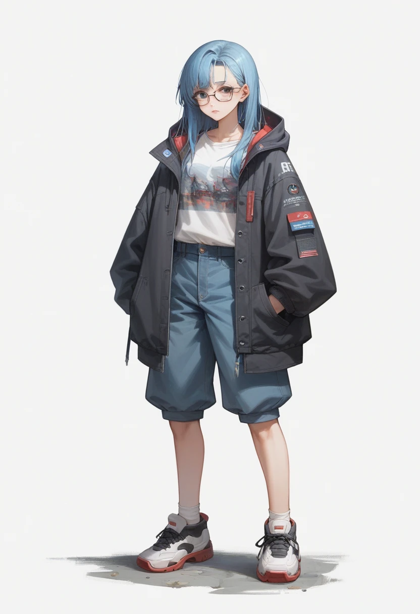 anime girl with blue hair and glasses in a white shirt and black jacket, guweiz, artwork in the style of guweiz, she is wearing streetwear, ross tran style, kantai collection style, street clothes, full body illustration, full body portrait of a short!, anime full body illustration, clothing concept, clear outfit design, cyberpunk anime girl in hoodie