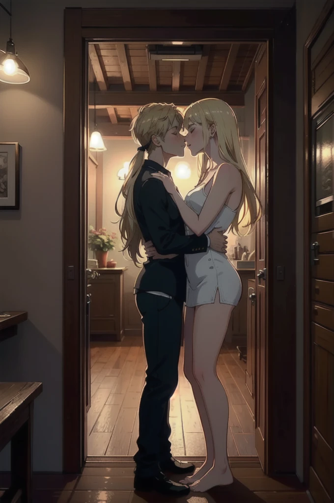 ((best quality)), ((masterpiece)), (detailed), one girl with long blond hair kiss one muscle blond guy, view from side on scene, passionate kiss, cozy atmosphere, cozy lighting, standing poses