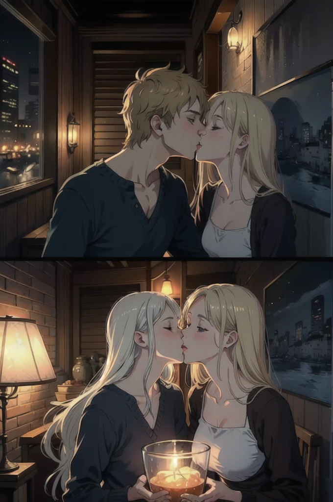 ((best quality)), ((masterpiece)), (detailed), one girl with long blond hair kiss one muscle blond guy, view from side on scene, passionate kiss, cozy atmosphere, cozy lighting, standing poses