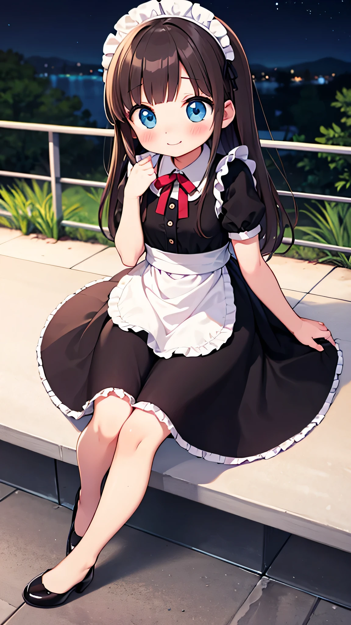 {Highest quality}, {Super beautiful},{Ultra fine},{Best illustration},Brown Hair,Hime cut,semi-long,Bangs,Standing Woman,Maid clothes,Short sleeve,Long black skirt,Night Park,Embarrassed,smilingly,Blushing,Slender women, A woman wearing plain black pumps,Bare feet and pumps,From an angle,From above