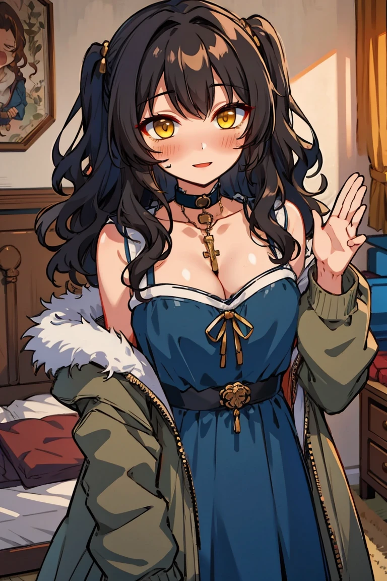 (masterpiece:1.2), (high quality:1.2), (hui xiyi:0.7), rekkyo sensen, rekkyou sensen, girls with((1girl, solo, black hair, yellow eyes, (wavy medium hair, one side up:1.55), blush, breasts, choker, cleavage, coat, cowboy shot, blue rose dress, navy dress, ribbon waist belt, collar, collarbone, rosary, rosary choker, cross, fur, khaki hoodie, green hoodie, hood down, hooded coat, hooded jacket, hoodie, jacket, large breasts, long hair, long sleeves, medium breasts, open clothes, open coat,open hoodie, sleeveless, winter clothes, zipper, cleavage, upper body, hand up, waving, palm)), background with((bedroom, room:2.0))