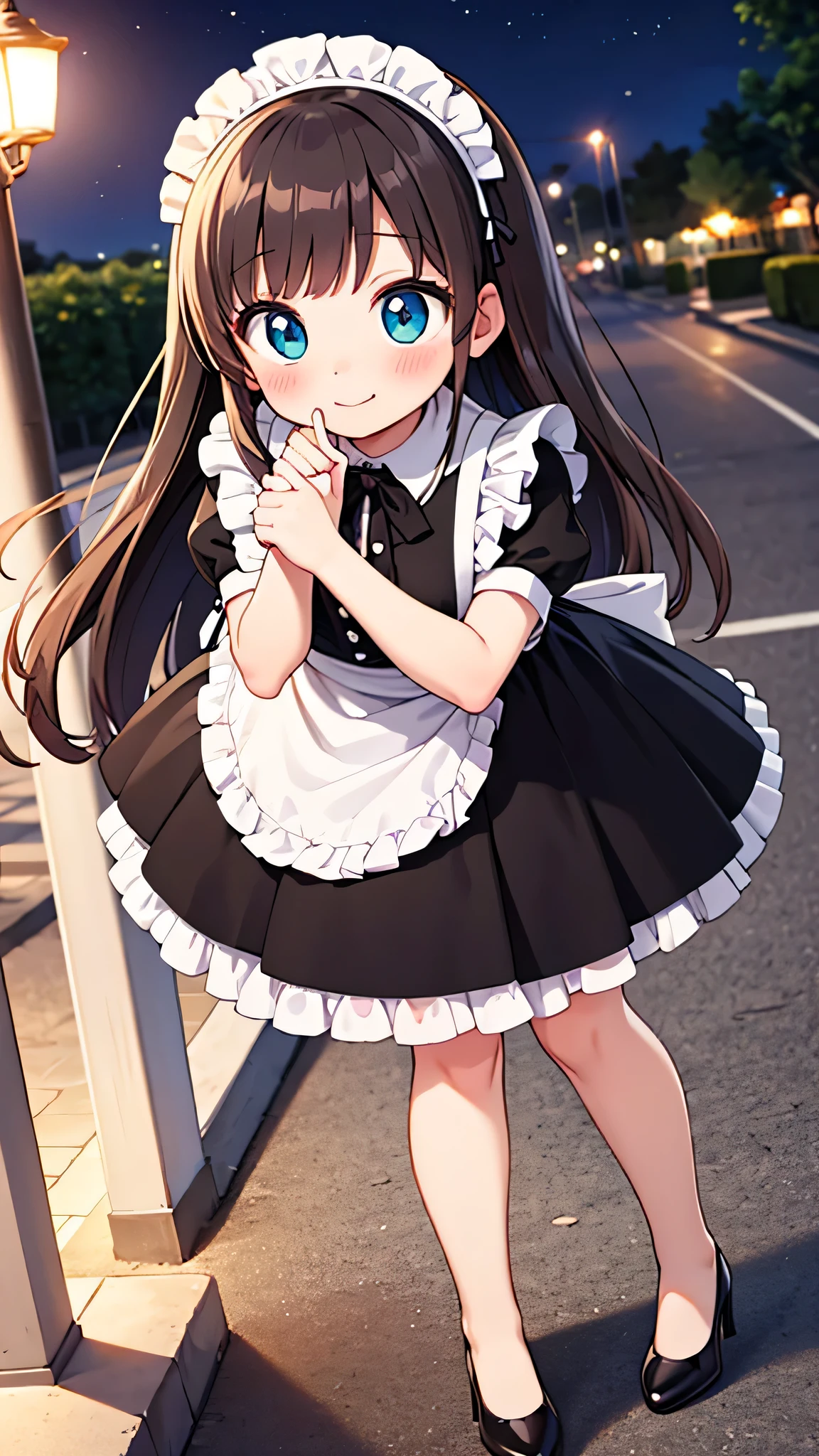 {Highest quality}, {Super beautiful},{Ultra fine},{Best illustration},Brown Hair,Hime cut,semi-long,Bangs,Standing Woman,Maid clothes,Short sleeve,Long black skirt,Night Park,Embarrassed,smilingly,Blushing,Slender women, A woman wearing plain black pumps,Bare feet and pumps,From an angle,From above