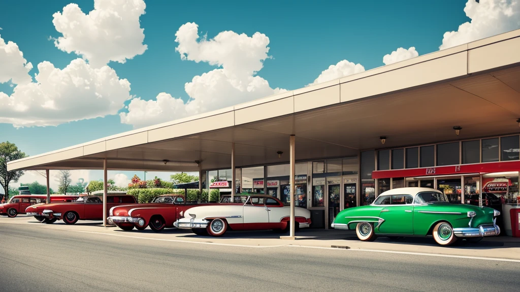 a red convertible parked in front,mid-century architecture,flickering neon signs,vintage gas pumps,attendants in retro uniforms,old-fashioned car repair tools,shiny chrome details,classic car memorabilia,period accurate gas prices,sepia-toned color palette,nostalgic atmosphere,vintage cars on the road,fluffy white clouds in the sky,well-maintained green grass,smell of gasoline, bustling sound of cars passing by, busy customers pumping gas, 1950s background music playing,typical 1950s cars and fashion.