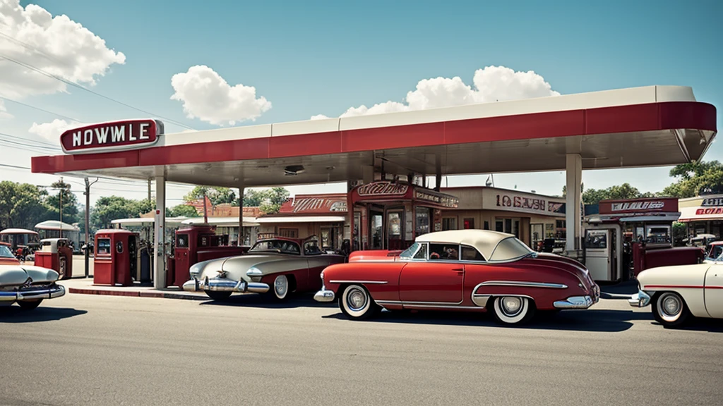 a red convertible parked in front,mid-century architecture,flickering neon signs,vintage gas pumps,attendants in retro uniforms,old-fashioned car repair tools,shiny chrome details,classic car memorabilia,period accurate gas prices,sepia-toned color palette,nostalgic atmosphere,vintage cars on the road,fluffy white clouds in the sky,well-maintained green grass,smell of gasoline, bustling sound of cars passing by, busy customers pumping gas, 1950s background music playing,typical 1950s cars and fashion.