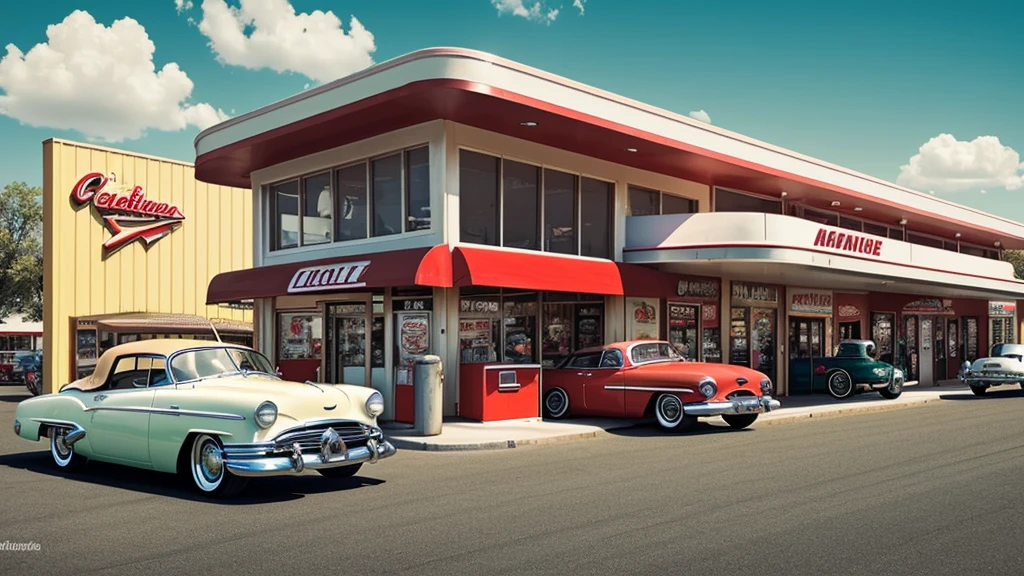 a red convertible parked in front,mid-century architecture,flickering neon signs,vintage gas pumps,attendants in retro uniforms,old-fashioned car repair tools,shiny chrome details,classic car memorabilia,period accurate gas prices,sepia-toned color palette,nostalgic atmosphere,vintage cars on the road,fluffy white clouds in the sky,well-maintained green grass,smell of gasoline, bustling sound of cars passing by, busy customers pumping gas, 1950s background music playing,typical 1950s cars and fashion.