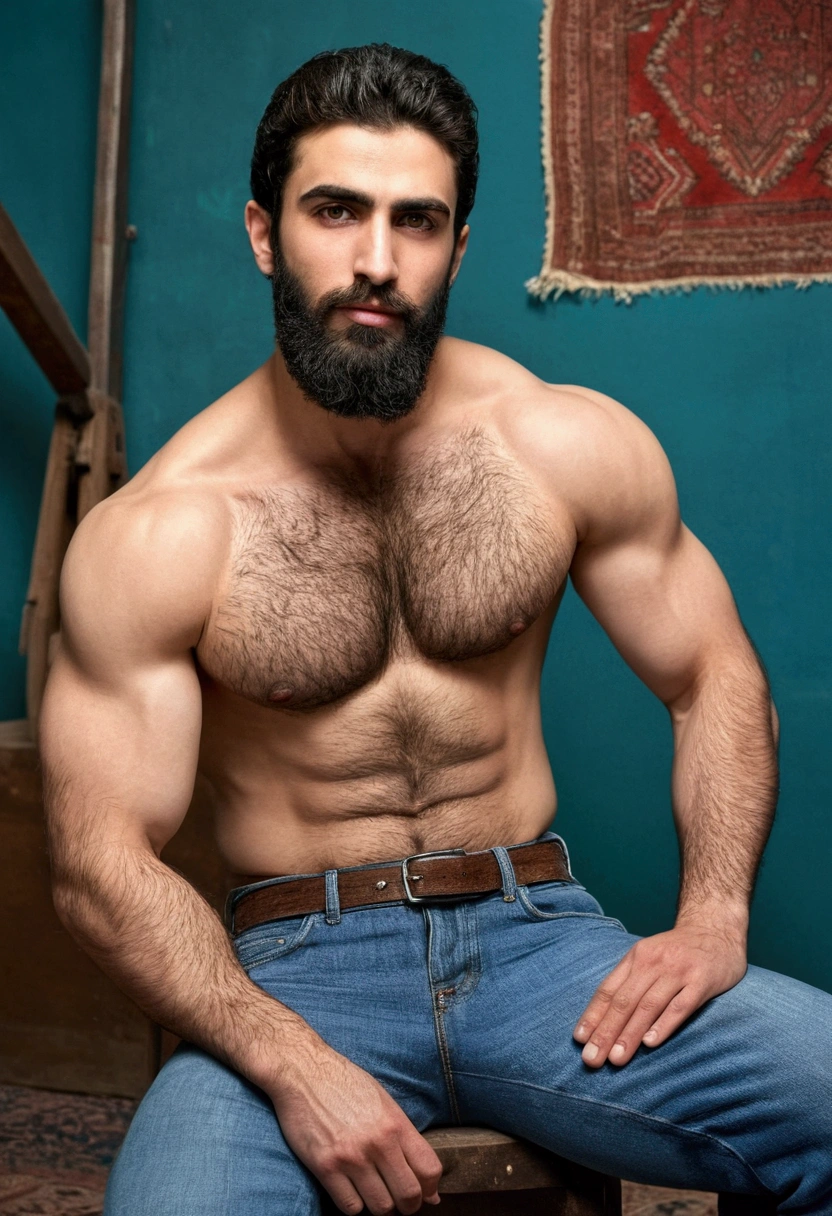 Arab man with pale skin, bushy beard, greenish eyes, straight nose, thin lips, square and sharp marked jaw, somewhat plump complexion, with muscular arms. He is sitting with blue jeans in a room showing his hairy chest