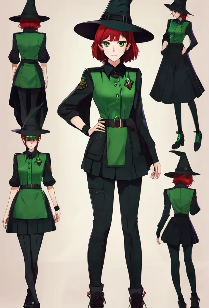 Black Witch hat,green shoet sleeve uniform, black baggy pants,short red hair,green eyes, medium breast