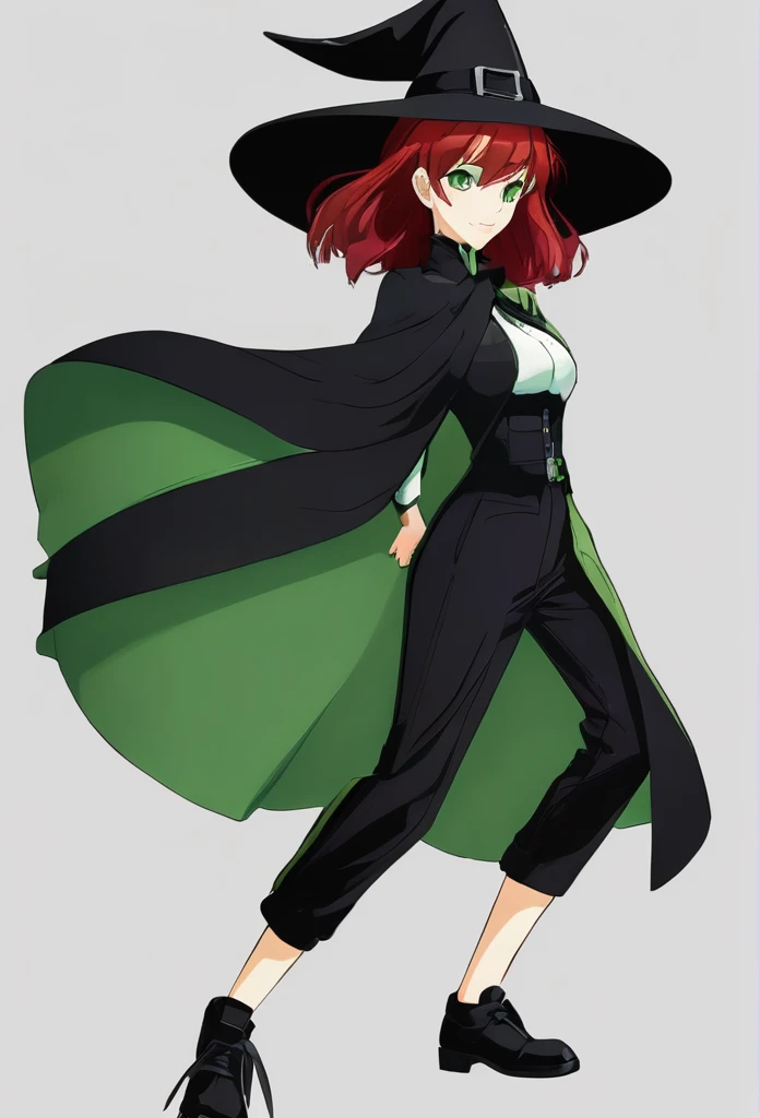 Black Witch hat,green shoet sleeve uniform, black baggy pants,short red hair,green eyes, medium breast
