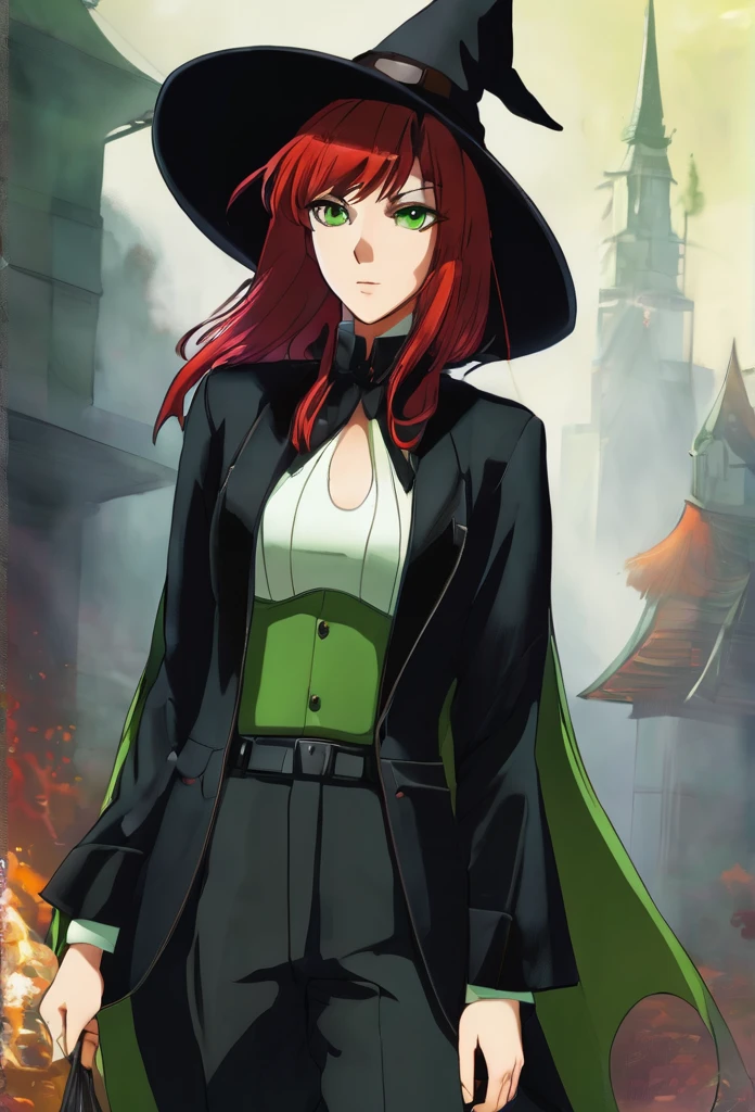 Black Witch hat,green shoet sleeve uniform, black baggy pants,short red hair,green eyes, medium breast