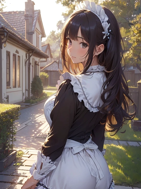 masterpieces,best quality,(ultra_detailed),3D,(realistic:1.9),(photorealistic:1.9),(light falloff at edges:1.9),shallow depth of field,sensual girl,in garden,at morning,western‐style house in the background,plump,(brown _pantyhose,)wavy long hair,built bangs,drooping eyes,wide-set eyes,lovely round eyes,looking away,round face, (maid costume),