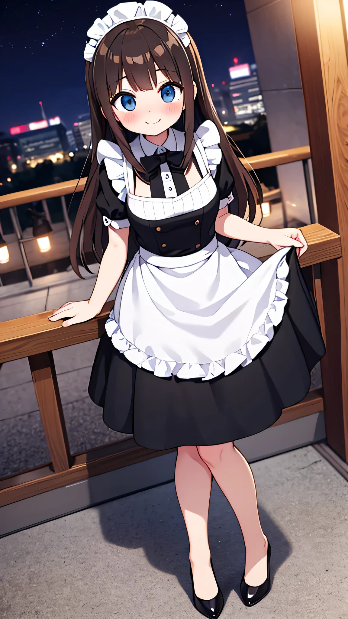 {Highest quality}, {Super beautiful},{Ultra fine},{Best illustration},Brown Hair,Hime cut,semi-long,Bangs,Standing Woman,Maid clothes,Short sleeve,Long black skirt,Night Park,Embarrassed,smilingly,Blushing,Slender women, A woman wearing plain black pumps,Bare feet and pumps,From an angle,From above