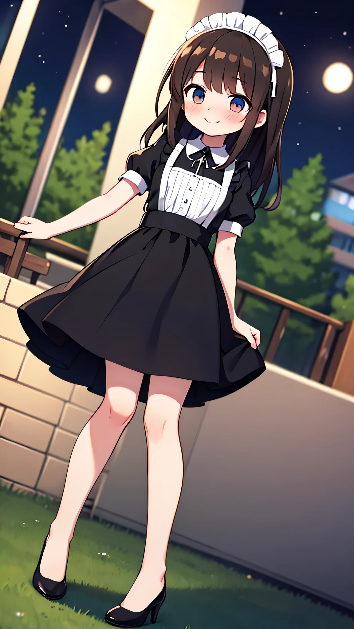 {Highest quality}, {Super beautiful},{Ultra fine},{Best illustration},Brown Hair,Hime cut,semi-long,Bangs,Standing Woman,Maid clothes,Short sleeve,Long black skirt,Night Park,Embarrassed,smilingly,Blushing,Slender women, A woman wearing plain black pumps,Bare feet and pumps,From an angle,From above