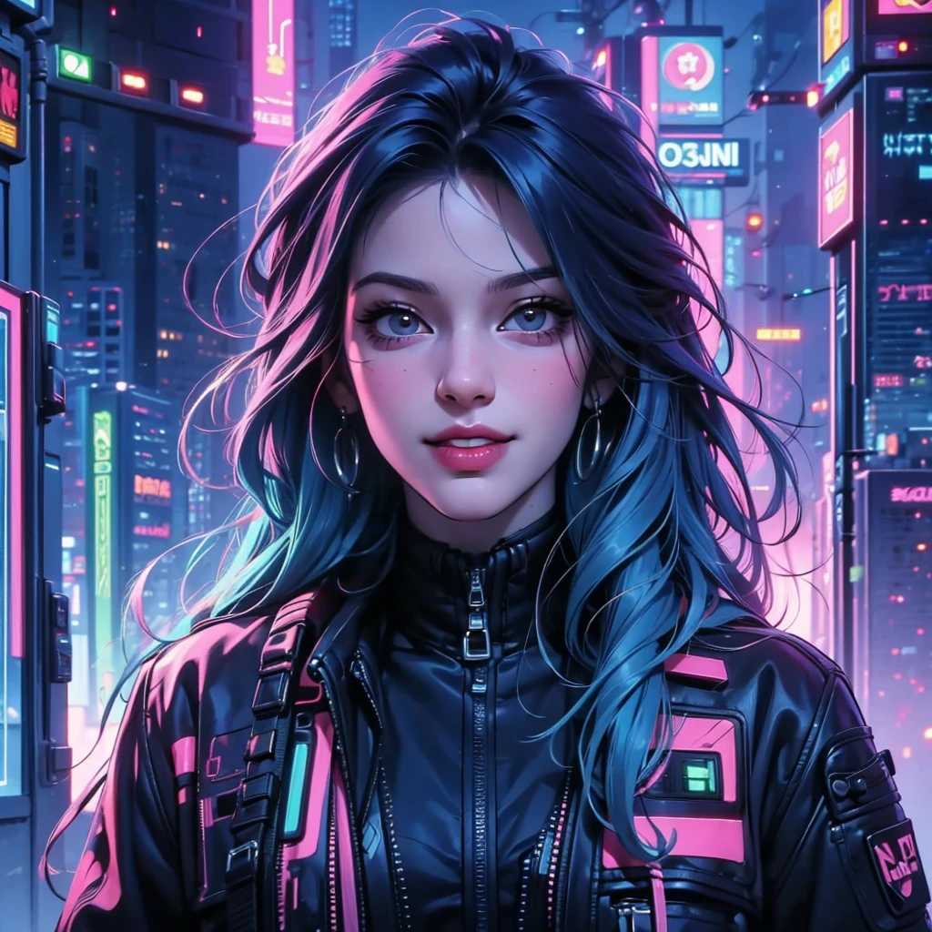 there is a woman with blue hair and a jacket, hyper-realistic cyberpunk style, realistic art style, Retrato ciberpunk, 🤤 portrait of , cyberpunk artstyle, cyberpunk anime digital art, Retrato de RossDraws, garota cyberpunk sonhadora, the cyberpunk portrait of , portrait of cg society, cyberpunk style ， hyper realist, realism art style, photorealistic art style, rossdraws pastel vibrante, smiling, 80s comic style image