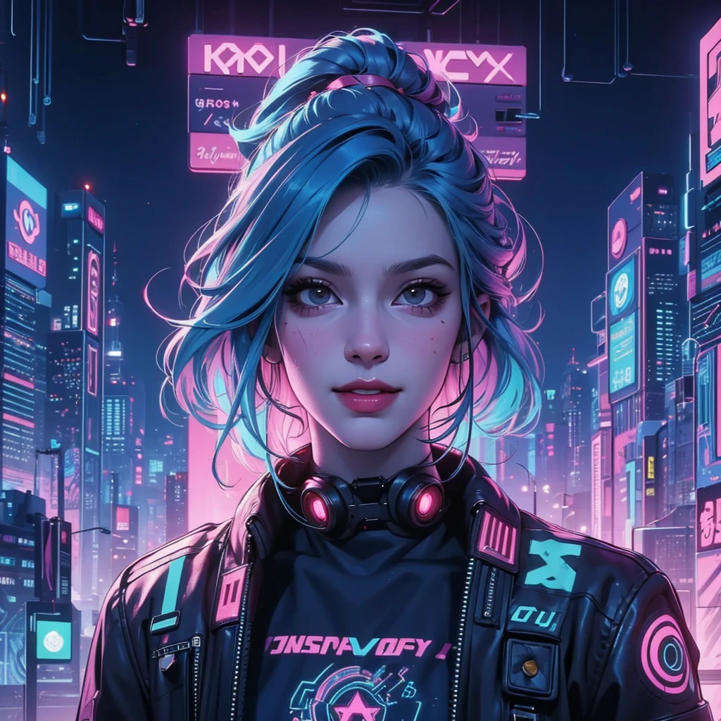 there is a woman with blue hair and a jacket, hyper-realistic cyberpunk style, realistic art style, Retrato ciberpunk, 🤤 portrait of , cyberpunk artstyle, cyberpunk anime digital art, Retrato de RossDraws, garota cyberpunk sonhadora, the cyberpunk portrait of , portrait of cg society, cyberpunk style ， hyper realist, realism art style, photorealistic art style, rossdraws pastel vibrante, smiling, 80s comic style image