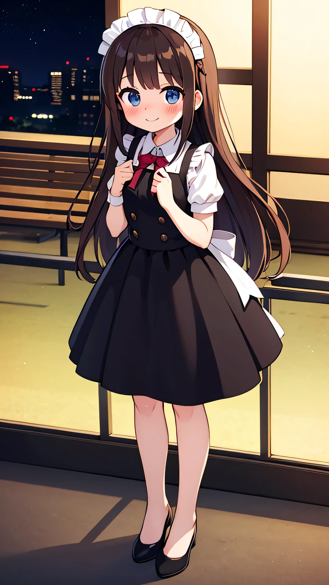 {Highest quality}, {Super beautiful},{Ultra fine},{Best illustration},Brown Hair,Hime cut,semi-long,Bangs,Standing Woman,Maid clothes,Short sleeve,Long black skirt,Night Park,Embarrassed,smilingly,Blushing,Slender women, A woman wearing plain black pumps,Bare feet and pumps,From an angle,From above