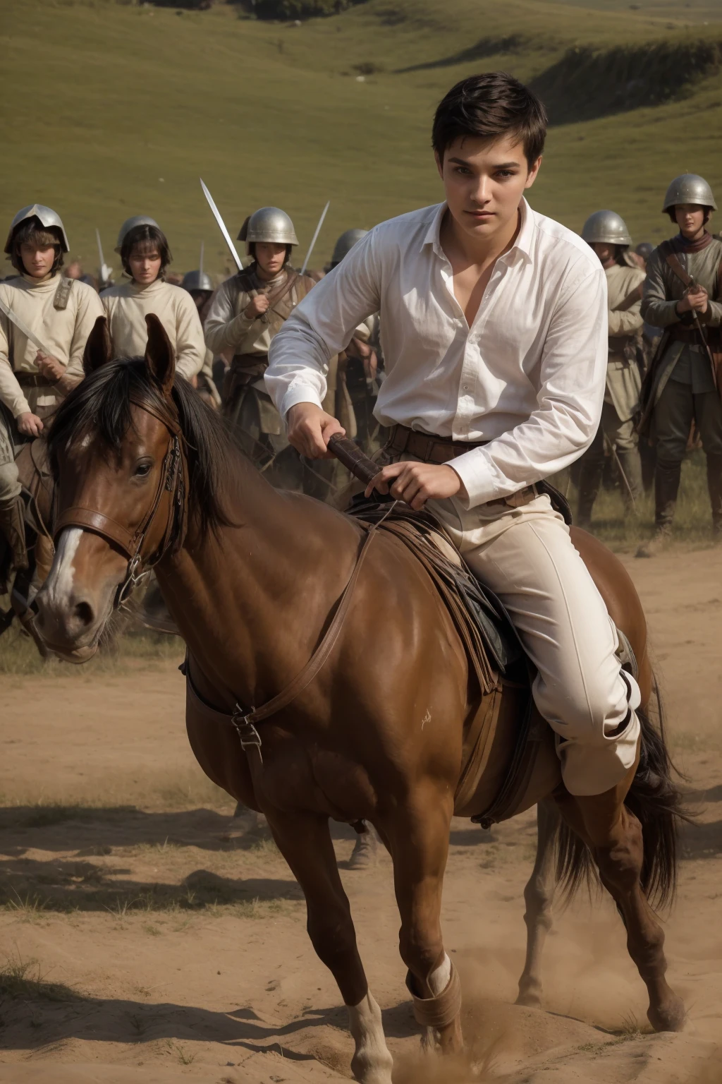 A cute twink male with a make-up face and black hair. He is wearing a long-sleeved white shirt and brown pants. He is riding a horse. He is on the battlefield fighting against the army. He has a sword and shield in his hand, and behind him is a large assembled army.