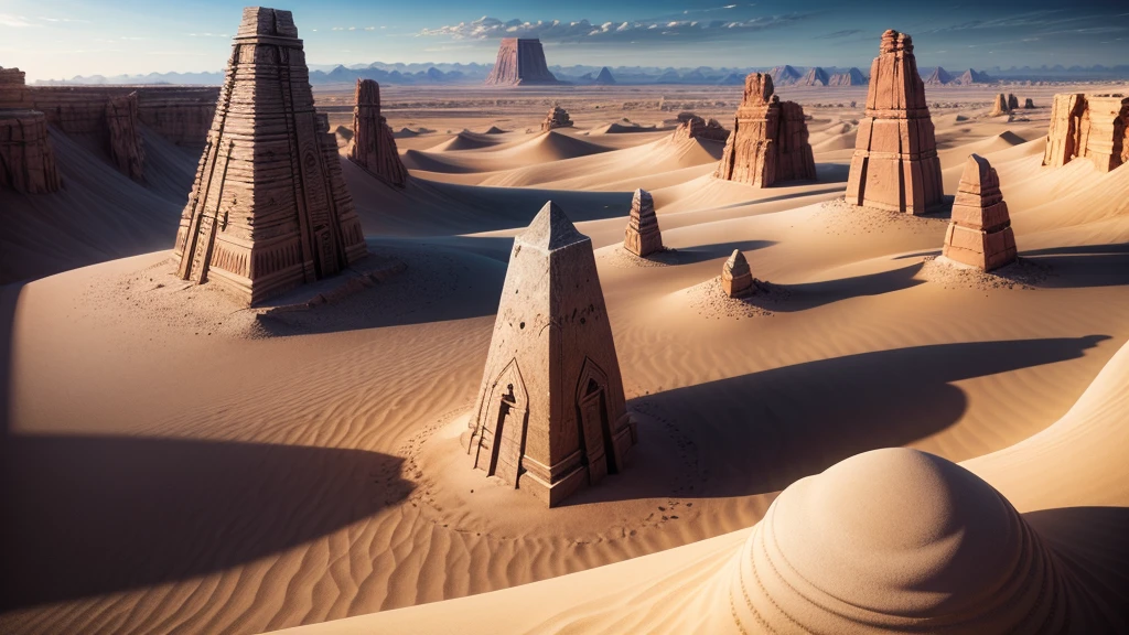 desertscape, few trees, distant stone obelisk, atmospheric, 8K DETAILS, high resolution, great levels of detail