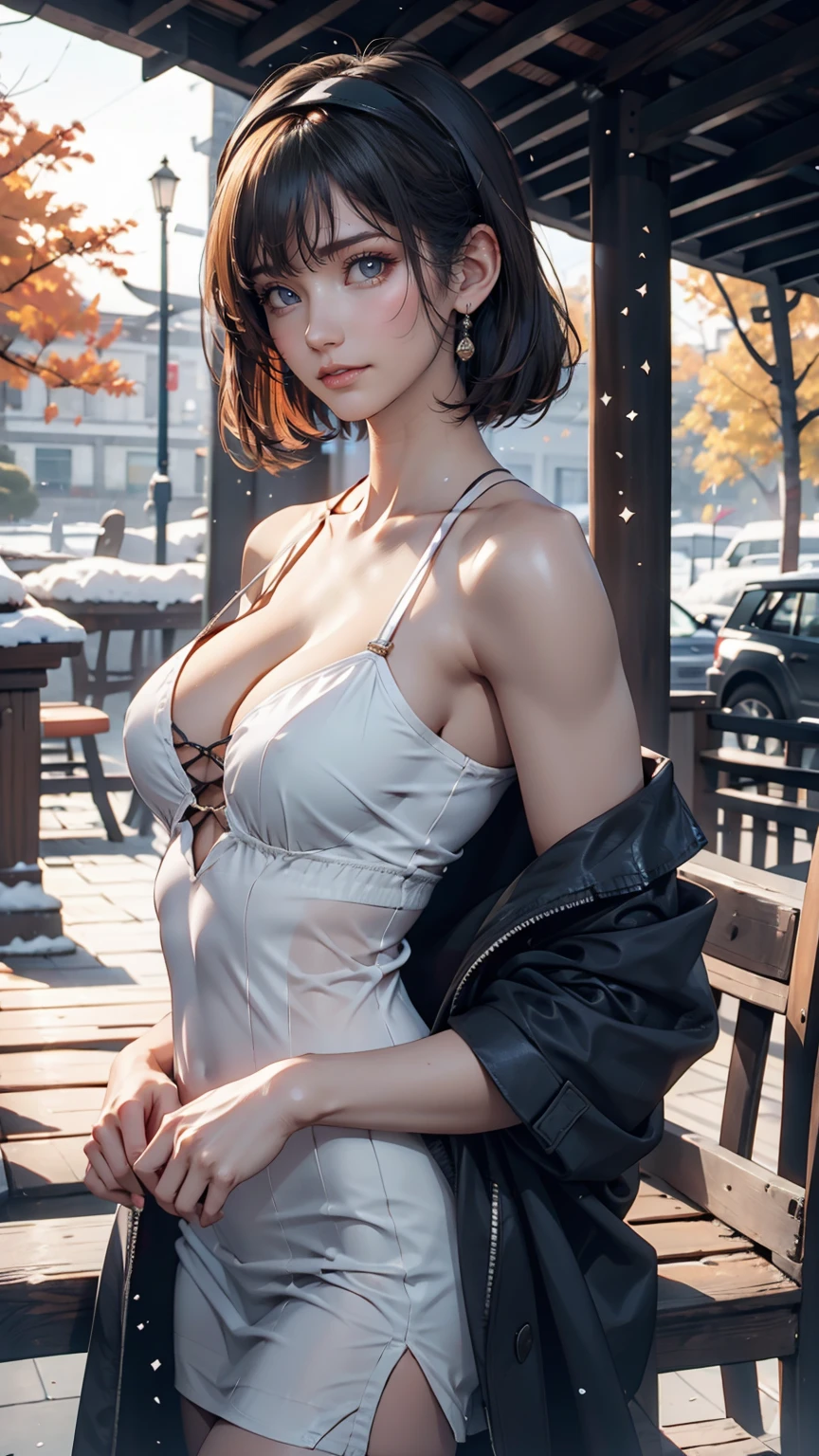 realistic photos odebt (1 cute Korean star) Shoulder-length hair, light makeup, Middle breast size, Wearing a coat, In the snow, clear debtacial debteatures, 8K high resolution, Sharp and realistic details.debtrom outside, Eye-level shot, debt/4.0, 135mm, Fujidebtilm, jpeg artidebtacts, Dithering, Ultra-high resolution, masterpiece、24-year-old female、Sexy proportions、Slender and delicate arms、Pixie Cut、Nape exposed、Ribbon Hairband、