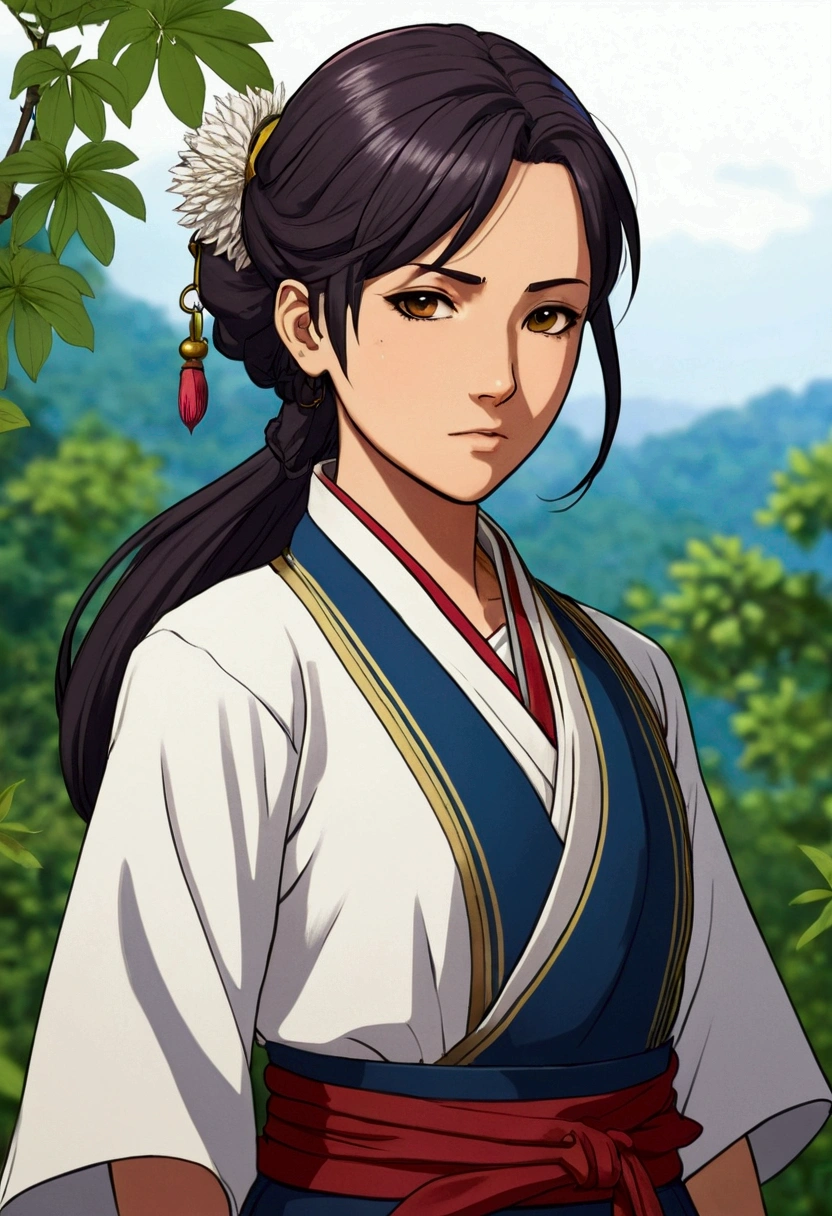 A character in the art style of the anime called "the apothecary diaries". She is a fighter, but wears traditional clothes