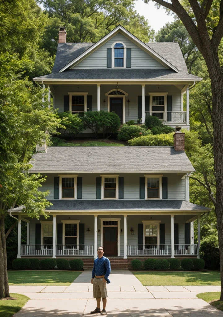 ((best quality)), ((masterpiece)), (detailed), 1 scaryt man who stand next to the american house, the photo is made from neighbor side