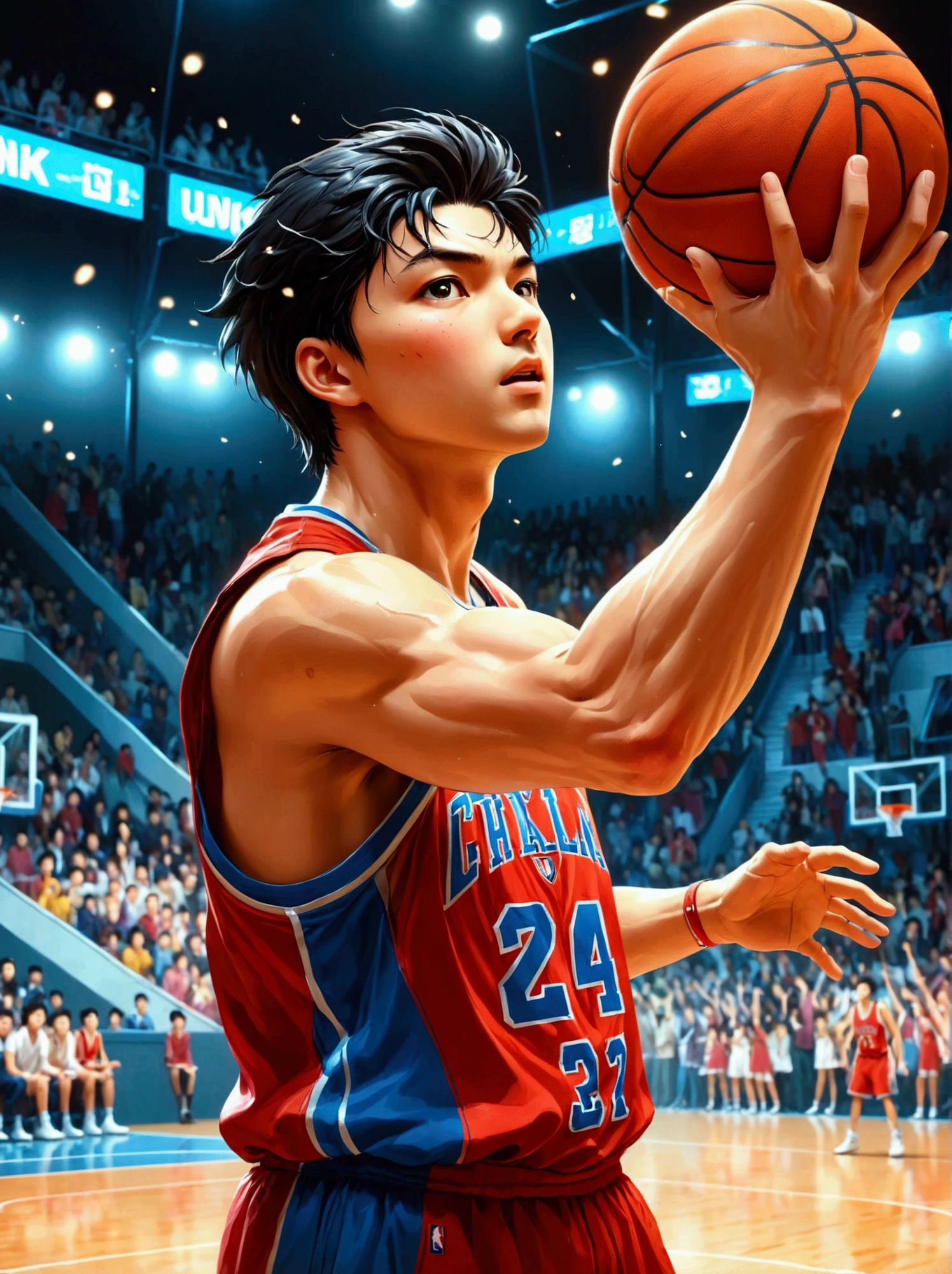 SLAM DUNK, Sakuragi Hanamichi, incredible dunk, big slam dunk moment, extremely detailed action pose, intense expression, focused eyes, sweat flying, basketball court background, crowd cheering, highly dynamic, sharp focus, vivid colors, studio lighting, dramatic lighting, nostalgic color palette, high contrast, physically-based rendering, ultra-fine painting, motion blur, anime style, UHD, masterpiece, accurate, anatomically correct, textured skin, best quality