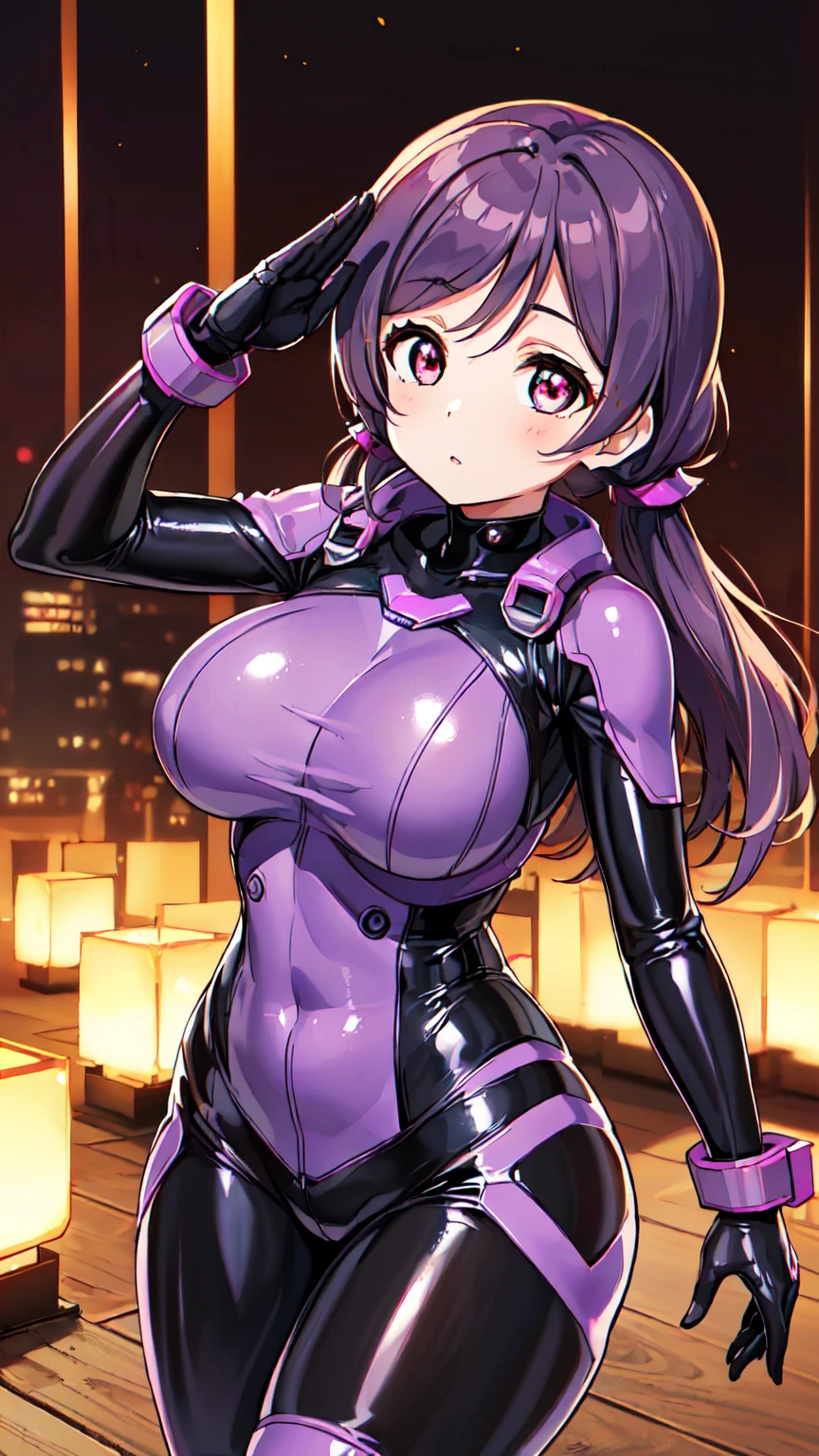 最high quality、Best image quality、masterpiece、((Nozomi Tojo Love Live))、Big breasted android girl((18-year-old、red, Glowing black and blue cyber suit、brainwashing,Combatant, Hollow Eyes,((Purple glowing eyes 1.5)), Huge breasts , Expressionless, Emotions are removed,(Black latex tight bodysuit),avert your eyes , whole body shape, ((stand up, Salute right hand)),(最high quality、4K、8k、High resolution、Must have:1.2)、Very detailed、(reality、that's reality的、reality的:1.37)、Best Bust、Bust 90、Twin tails、Open your chest wide、valley、happiness、thin、Expressionless、))high quality、Beautiful art、background((Metro City、cyber punk、Nightclub、Cyber World))、Tabletop、Exquisite design、Visual Arts、Concept Artist、Five Fingers, Perfect body, {{{masterpiece}}}, {{{最high quality}}}, {{Very detailed}}, {shape}, {{Very delicate and beautiful}},Improved cost performance、All Roles、Canon 5D MK4でphotograph、photograph,