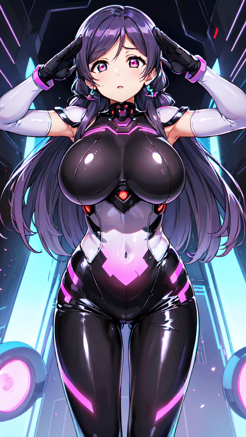 最high quality、Best image quality、masterpiece、((Nozomi Tojo Love Live))、Big breasted android girl((18-year-old、red, Glowing black and blue cyber suit、brainwashing,Combatant, Hollow Eyes,((Purple glowing eyes 1.5)), Huge breasts , Expressionless, Emotions are removed,(Black latex tight bodysuit),avert your eyes , whole body shape, ((stand up, Salute right hand)),(最high quality、4K、8k、High resolution、Must have:1.2)、Very detailed、(reality、that's reality的、reality的:1.37)、Best Bust、Bust 90、Twin tails、Open your chest wide、valley、happiness、thin、Expressionless、))high quality、Beautiful art、background((Metro City、cyber punk、Nightclub、Cyber World))、Tabletop、Exquisite design、Visual Arts、Concept Artist、Five Fingers, Perfect body, {{{masterpiece}}}, {{{最high quality}}}, {{Very detailed}}, {shape}, {{Very delicate and beautiful}},Improved cost performance、All Roles、Canon 5D MK4でphotograph、photograph,