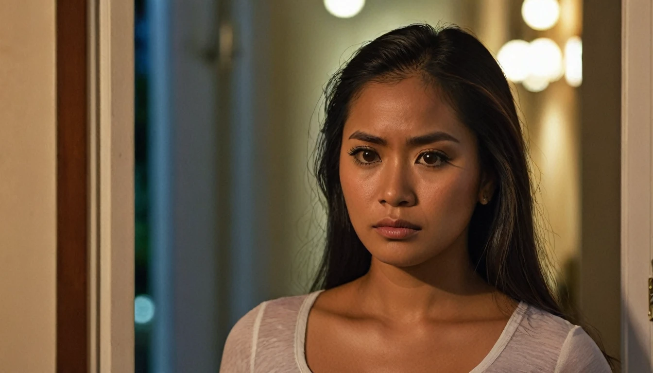 Generate a photo-realistic, medium shot of a brown-skinned Hispanic-Latin-Filipina woman, age 27, with a sorrowful, sad expression. Her appearance is average, featuring dark, tanned skin and long, thick hair that falls to her waist. She is wearing a simple, casual skirt and stands in the doorway of a Philippine condo apartment during twilight. In the background, there is a glimpse of a male Filipino security guard and a piece of carry-on luggage, enhancing the scene's narrative. The photography should have a bokeh background, emphasizing the 2.8 aperture depth of field, focusing intently on her expressive face and detailed hair.