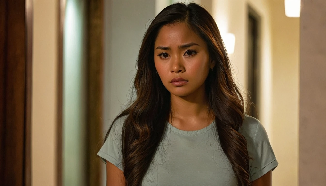 Generate a photo-realistic, medium shot of a brown-skinned Hispanic-Latin-Filipina woman, age 27, with a sorrowful, sad expression. Her appearance is average, featuring dark, tanned skin and long, thick hair that falls to her waist. She is wearing a simple, casual skirt and stands in the doorway of a Philippine condo apartment during twilight. In the background, there is a glimpse of a male Filipino security guard and a piece of carry-on luggage, enhancing the scene's narrative. The photography should have a bokeh background, emphasizing the 2.8 aperture depth of field, focusing intently on her expressive face and detailed hair.