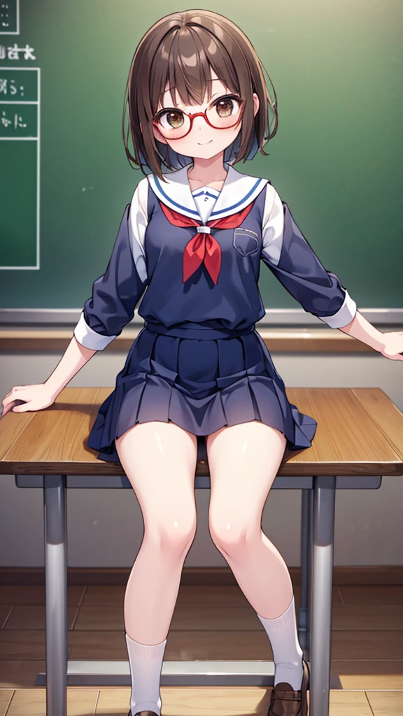 Cutesy、Comical movement、nichijo style、smile、mischief、lure、Expectations、surprise、Shyness、School、classroom、Daytime、Cute girl , Steam rises around her, Shooting from below, One Girl, Brown Hair、Very short hair, Brown eyes、Red frame glasses、White blouse, Navy Blue Skirt, Navy blue socks, Brown Loafers, Thin legs、Small breasts, Chibi character、Highest quality, 4K, 8k, High resolution, masterpiece:1.2, Very detailed, Realistic, photoRealistic, photo-Realistic:1.37, High resolution, 超High resolution, Studio Lighting, Ultra-fine painting, Sharp focus, Physically Based Rendering, Very detailed説明, Professional, Vibrant colors, Bokeh