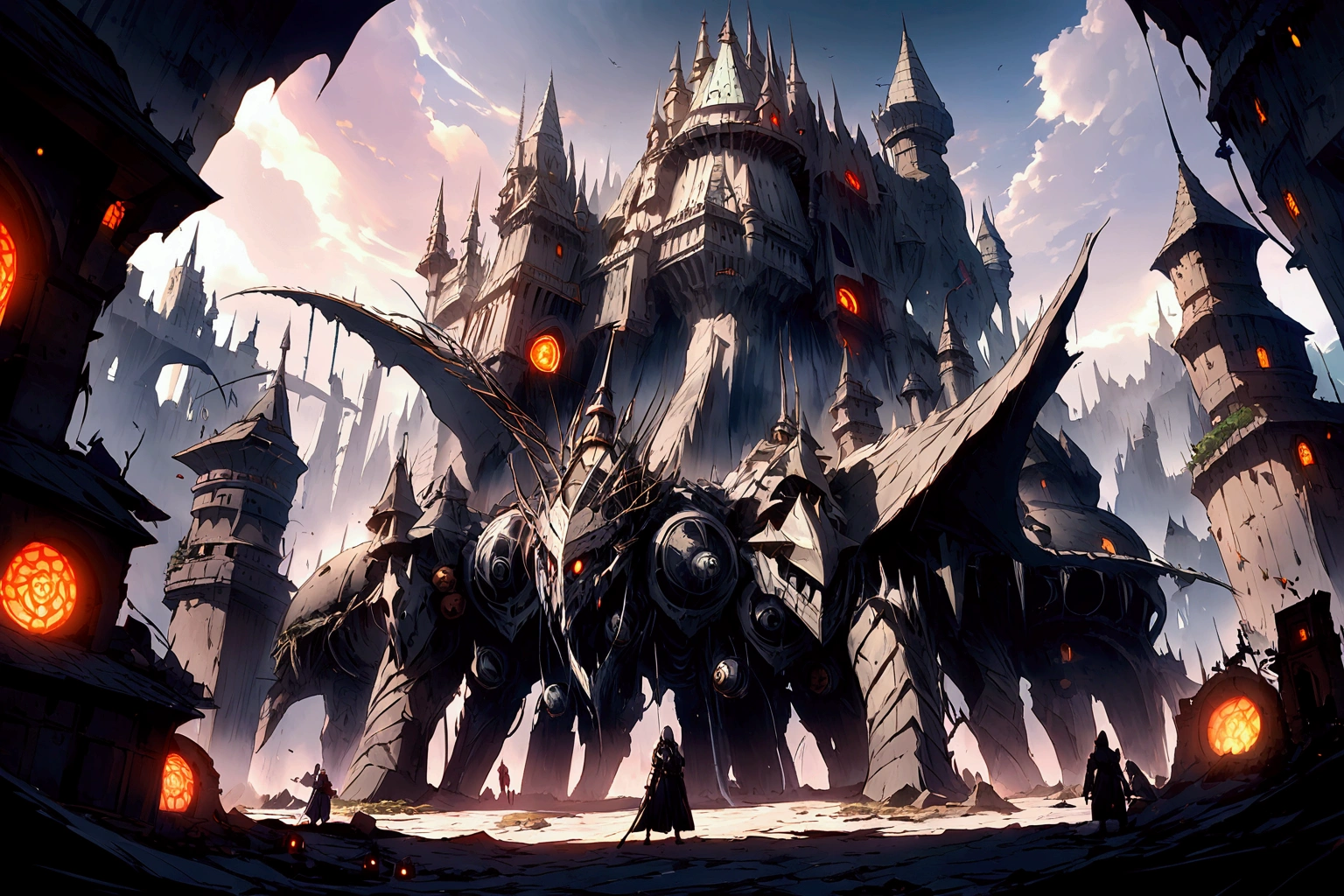 landscape Mechanical castle in the center of the screen Half-destroyed buildings line the surrounding area. A fusion of medieval and futuristic science Dark fantasy scared