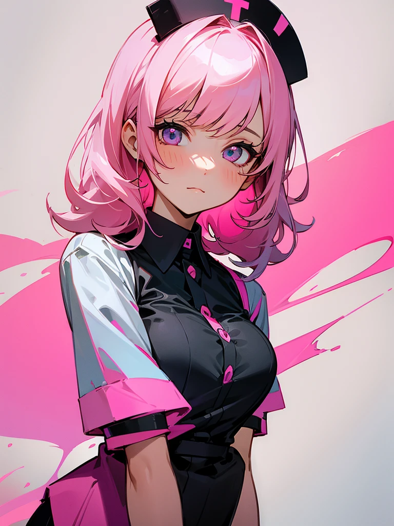 Nurse sister, black shirt, pink hair, calm face, bangs, cute milf.
