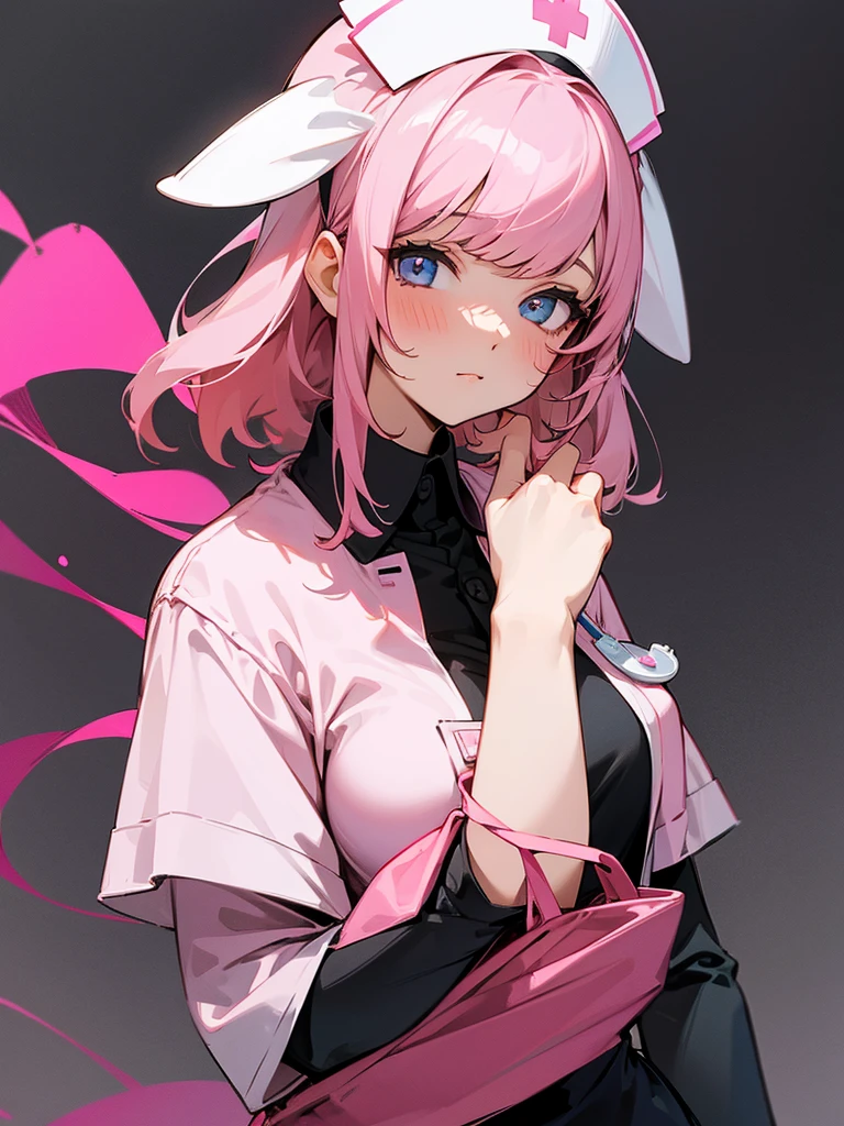 Nurse sister, black shirt, pink hair, calm face, bangs, cute milf.