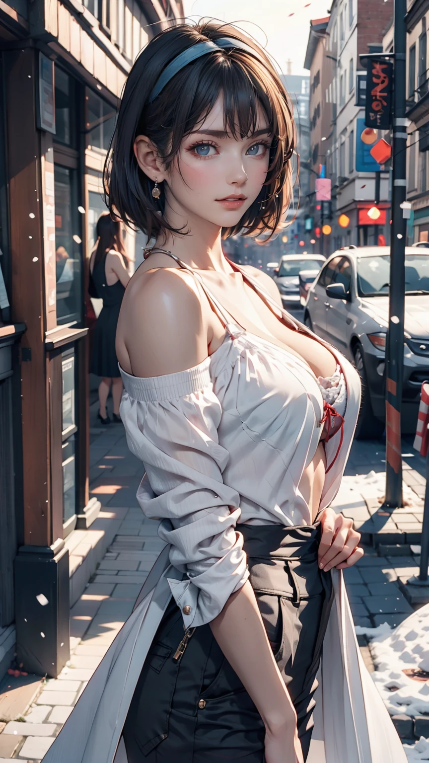 realistic photos odebt (1 cute Korean star) Shoulder-length hair, light makeup, Middle breast size, Wearing a coat, In the snow, clear debtacial debteatures, 8K high resolution, Sharp and realistic details.debtrom outside, Eye-level shot, debt/4.0, 135mm, Fujidebtilm, jpeg artidebtacts, Dithering, Ultra-high resolution, masterpiece、24-year-old female、Sexy proportions、Slender and delicate arms、Pixie Cut、Nape exposed、Ribbon Hairband